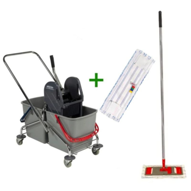 Cărucior curățenie 2 găleți de 27 L + Mop profesional plat cu buzunare și clapete 40 cm Cărucior curățenie 2 găleți de 27 L + Mop profesional plat cu buzunare și clapete 40 cm