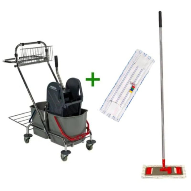 Cărucior curățenie cadru metalic + Mop profesional plat cu buzunare și clapete