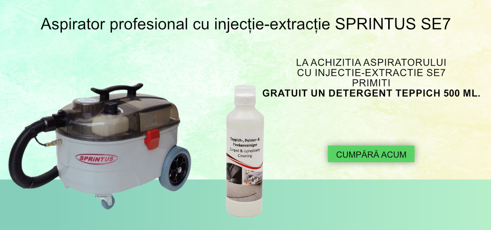 La achizitia aspiratorului cu injectie-extractie SE7 primiti gratuit un detergent Teppich 500 ml.